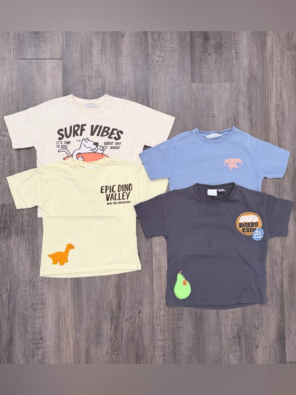 PLAY Zara Kids Graphic Tee Bundle - Cream, Pale Yellow, Light Blue & Charcoal